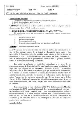 Première page de Espagnol 3e ML — Devoir surveillé, 2e semestre (2020-2021) · CEG SEKERE