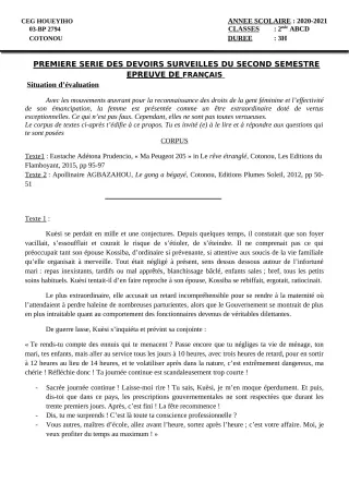Première page de Français 2nde A, 2nde A & B, 2nde A1, 2nde A2, 2nde B, 2nde C, 2nde D — 1er devoir surveillé, 2e semestre (2020-2021) · CEG HOUEYIHO