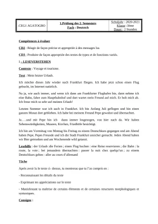 Première page de Devoir surveillé de ALLEMAND — 3e ML — CEG 1 Agatogbo (2020)