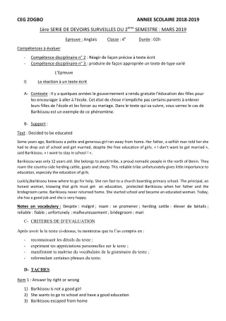 Première page de Anglais 4e, 4e ML — 1er devoir surveillé, 2e semestre (2018-2019) · CEG ZOGBO