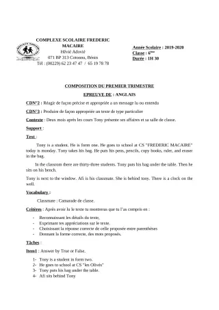 Première page de Anglais 6e, 5e, 4e — Composition, 1er trimestre (2019-2020) · CPEG Frédéric Macaire