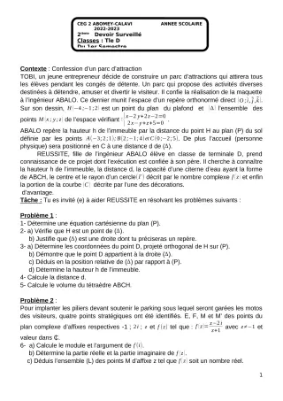 Première page de Mathématiques Tle D — Devoir surveillé, 1er semestre (2022-2023) · CEG2 ABOMEY - CALAVI (CEG ZOCA)
