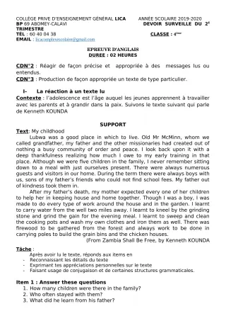 Première page de Anglais 4e, 4e ML — Devoir surveillé, 1er trimestre (2019-2020) · CPEG LICA