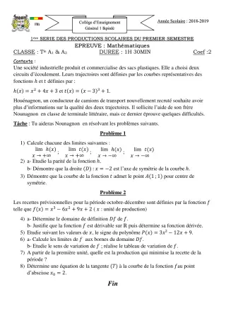 Première page de Mathématiques Tle A1, Tle A2 — 1re production scolaire, 1er semestre (2018-2019) · CEG1 Ikpinlè
