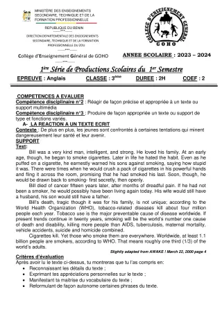 Première page de Anglais 3e — 1re production scolaire, 1er semestre (2023-2024) · CEG GOHO