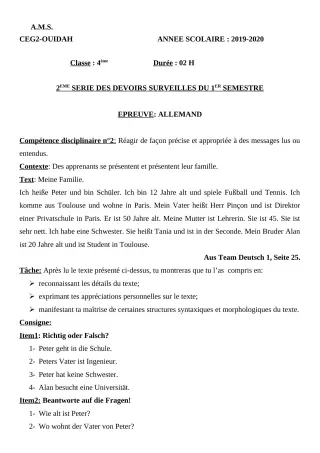 Première page de Allemand 2nde A & B — 2e devoir surveillé, 1er semestre (2019-2020) · CEG2 OUIDAH
