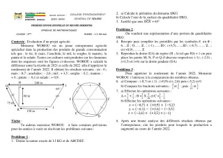 Première page de Mathématiques 5e — 1er devoir surveillé, 2e semestre (2021-2022) · CEG SEKERE
