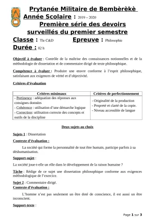 Première page de Philosophie Tle C, Tle D — 1er devoir surveillé, 1er semestre (2019-2020) · PMB