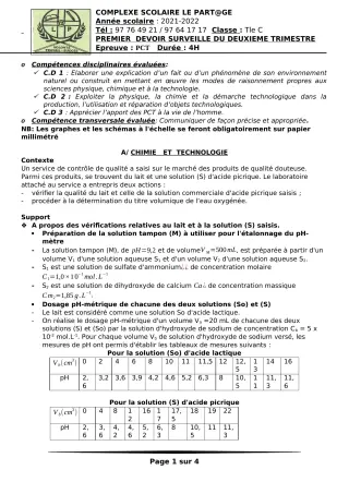 Première page de PCT Tle C — 1er devoir surveillé, 2e trimestre (2021-2022) · CPEG le Partage