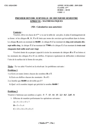 Première page de Mathématiques 6e — 1er devoir surveillé, 2e semestre (2019-2020) · CEG ADJAGBO