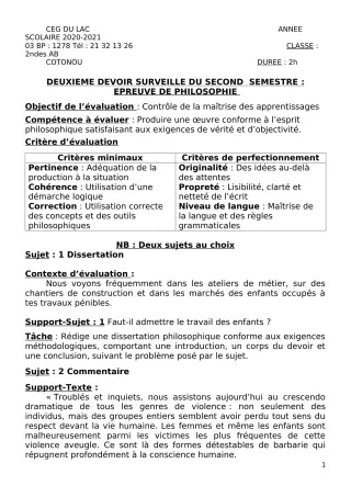Première page de Philosophie 2nde A, 2nde B — 2e devoir surveillé, 2e semestre (2020-2021) · CEG du Lac