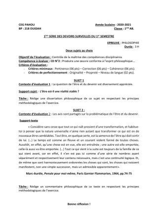 Première page de Philosophie 1ère A1, 1ère A2, 1ère B — 1er devoir surveillé, 1er semestre (2020-2021) · CEG PAHOU