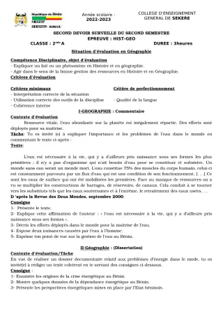Première page de Histoire-Géographie 2nde A2 — 2e devoir surveillé, 2e semestre (2022-2023) · CEG SEKERE