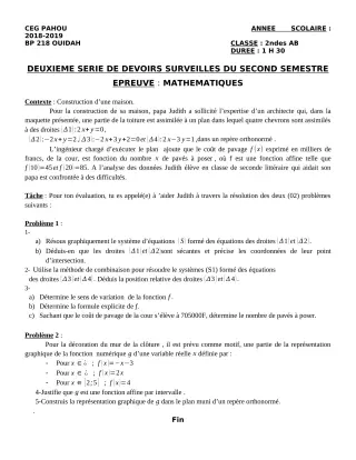 Première page de Mathématiques 2nde A & B — 2e devoir surveillé, 2e semestre (2018-2019) · CEG PAHOU