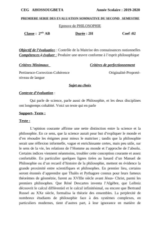 Première page de Philosophie 2nde A & B — 1re évaluation sommative, 2e semestre (2019-2020) · CEG Ahossougbéta
