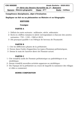 Première page de Histoire-Géographie 6e — 1er devoir surveillé (2020-2021) · CEG SEKERE