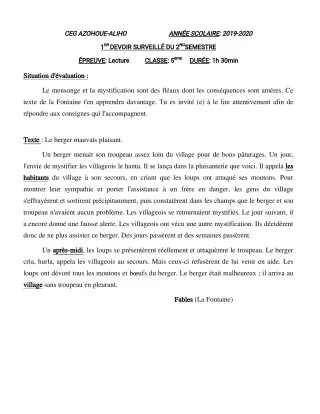 Première page de Français 6e, 5e — 1er devoir surveillé, 2e semestre (2019-2020) · CEG AZOHOUE-ALIHO