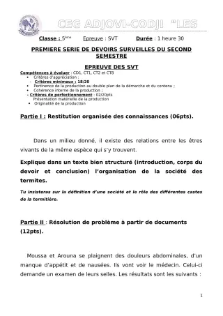 Première page de SVT 5e — 1er devoir surveillé, 2e semestre (2019-2020) · CEG ADJOVICODJI 'LES OLIVIERS'