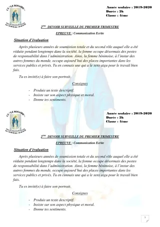 Première page de Français 4e, 4e ML — 2e devoir surveillé, 1er trimestre (2019-2020) · CPEG ROSAIRE