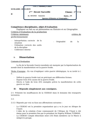 Première page de Histoire-Géographie 1ère C, 1ère D — 2e devoir surveillé (2018-2019) · CEG2 ABOMEY - CALAVI (CEG ZOCA)