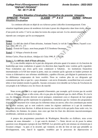 Première page de Français Tle A1, Tle A2, Tle B, Tle D — Évaluation sommative, 1er trimestre (2022-2023) · CPEG ENFANT PRODIGE
