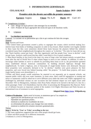 Première page de Anglais Tle A2, Tle D — 1er devoir surveillé, 1er semestre (2019-2020) · CEG1 Kalalé