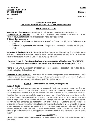Première page de Philosophie 2nde A & B — 2e devoir surveillé, 2e semestre (2018-2019) · CEG PAHOU