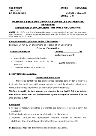 Première page de Histoire-Géographie 1ère C, 1ère D — 1er devoir surveillé, 1er semestre (2021-2022) · CEG PAHOU