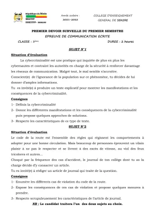 Première page de Français 3e — 1er devoir surveillé, 1er semestre (2021-2022) · CEG SEKERE