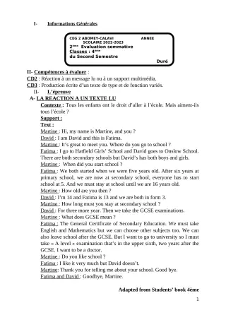 Première page de Anglais 4e — 2e évaluation sommative, 2e semestre (2022-2023) · CEG2 ABOMEY - CALAVI (CEG ZOCA)