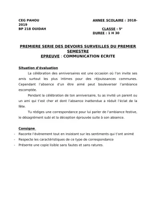 Première page de Français 5e — 1er devoir surveillé, 1er semestre (2018-2019) · CEG PAHOU