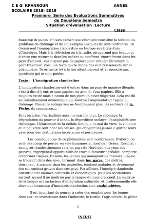 Première page de Français 4e, 4e ML — 1re évaluation sommative, 2e semestre (2018-2019) · CEG Kpanroun