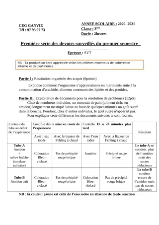 Première page de SVT 3e, 3e ML — 1er devoir surveillé, 1er semestre (2020-2021) · CEG Ganvié