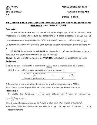 Première page de Mathématiques 2nde A & B, 2nde A2, 2nde B — 2e devoir surveillé, 1er semestre (2020-2021) · CEG PAHOU