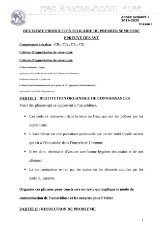 Première page de SVT 5e — 2e production scolaire, 1er semestre (2019-2020) · CEG ADJOVICODJI 'LES OLIVIERS'