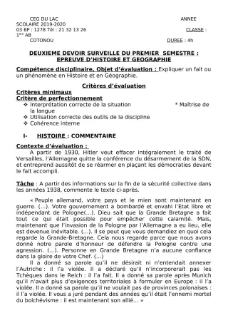 Première page de Histoire-Géographie 1ère A2, 1ère B — 2e devoir surveillé, 1er semestre (2019-2020) · CEG du Lac