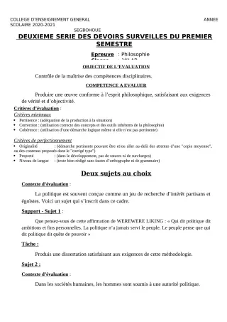 Première page de Philosophie 2nde A & B, 2nde D, 1ère A & B, Tle A & B, Tle D — 2e devoir surveillé, 1er semestre (2020-2021) · CEG SEGBOHOUE