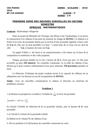 Première page de Mathématiques 3e, 3e ML — 1er devoir surveillé, 2e semestre (2018-2019) · CEG PAHOU