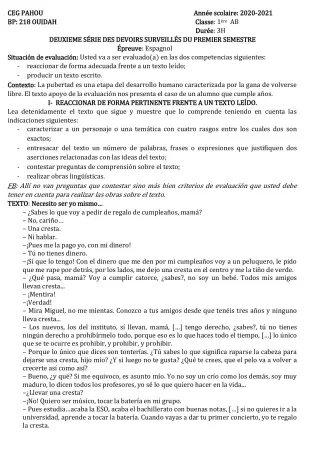 Première page de Espagnol 1ère A1, 1ère A2, 1ère B — 2e devoir surveillé, 1er semestre (2020-2021) · CEG PAHOU