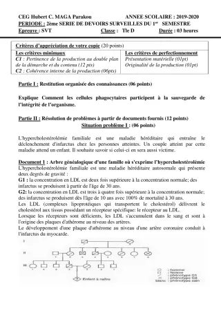 Première page de SVT Tle D — 2e devoir surveillé, 1er semestre (2019-2020) · CEG Hubert C. MAGA