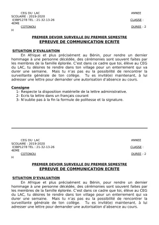 Première page de Français 4e, 4e ML — 1er devoir surveillé, 1er semestre (2019-2020) · CEG du Lac