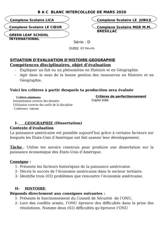 Première page de Examen Blanc de HIST-GEO — Tle C, Tle D — CPEG LICA (2019)