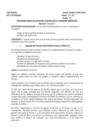 Première page de Espagnol 3e ML — 2e devoir surveillé, 1er semestre (2020-2021) · CEG PAHOU
