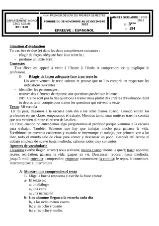 Première page de Espagnol 3e — 1er devoir surveillé, 1er semestre (2022-2023) · CEG1 AGAME