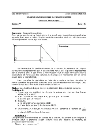 Première page de Mathématiques 4e — 2e devoir surveillé, 1er semestre (2020-2021) · CEG ZONGO
