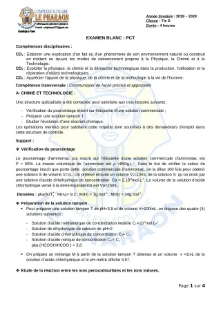 Première page de Examen Blanc de PCT — Tle D — CPEG LE PHARAON (2019)