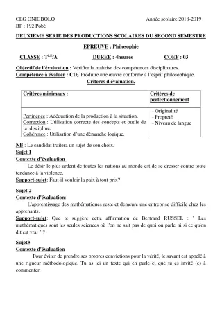 Première page de Philosophie Tle A2 — 2e production scolaire, 2e semestre (2018-2019) · CEG ONIGBOLO