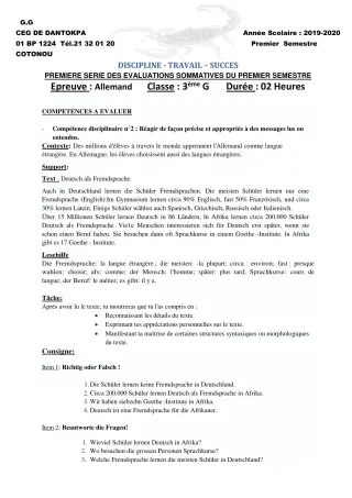 Première page de Allemand 4e ML, 3e ML, 2nde A, 2nde B, 1ère A, 1ère B, Tle A1, Tle A2, Tle B — 1re évaluation sommative, 1er semestre (2019-2020) · CEG Dantokpa