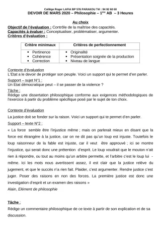 Première page de Philosophie 1ère A1, 1ère A2, 1ère B — Devoir surveillé (2019-2020) · CPEG Roger LAFIA