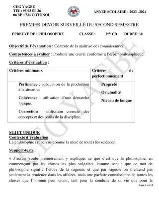 Première page de Philosophie 2nde C, 2nde D — 1er devoir surveillé, 2e semestre (2023-2024) · CEG Yagbe